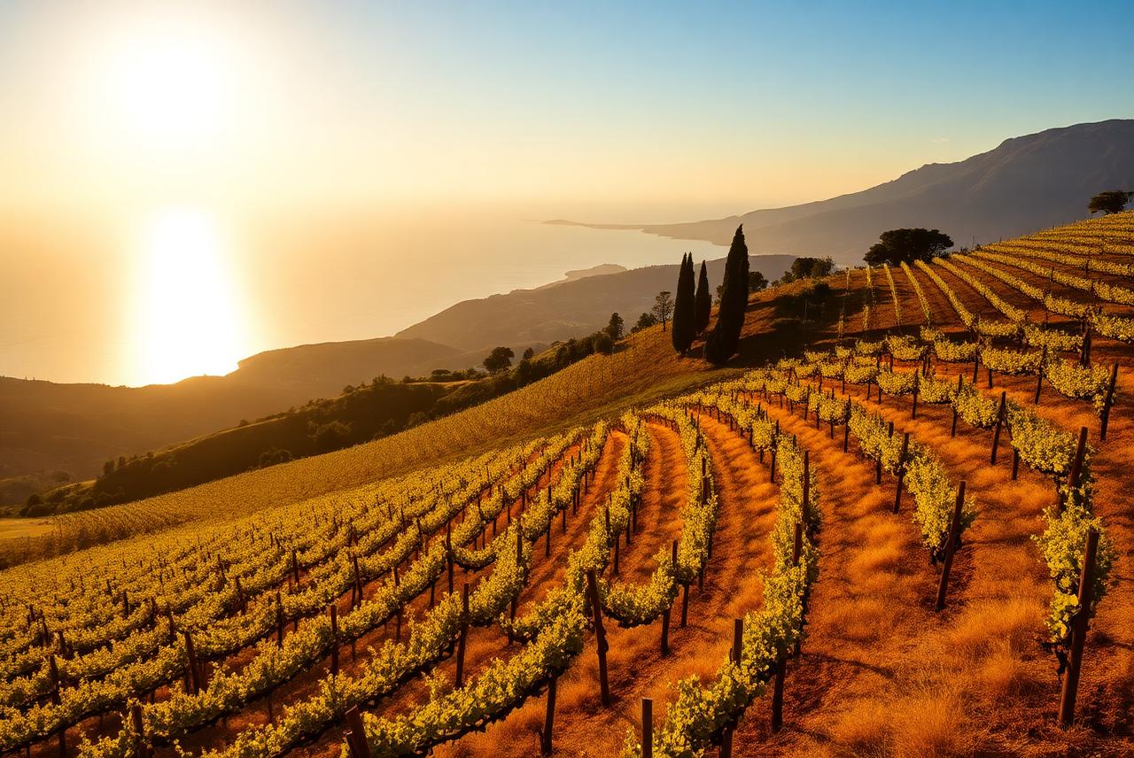 Vineyard ridges at golden hour